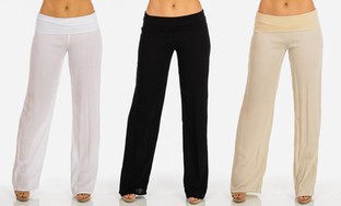 Women's Juniors' High-Waist Wide-Leg Gauze Fold-Over Pants