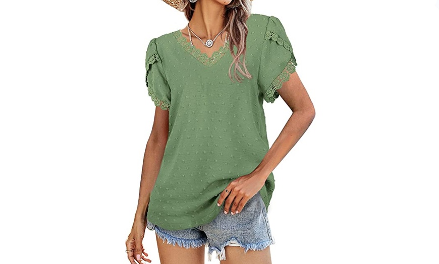 Image 6: Women's V-Neck Lace Petal Sleeve Dot T-Shirt