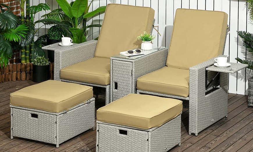 Image 1: Outsunny 5 Piece Recliner Rattan Sun Lounger Set