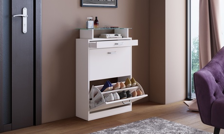 Meuble à chaussures avec 2 compartiments fermés, 1 tiroir et 1 étagère en verre, livraison offerte