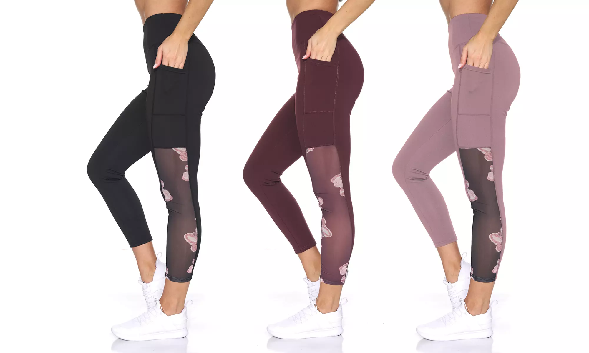 BSP Women's High-Waist Active Capri-Length Leggings with Floral Printed Mesh - Primary Image