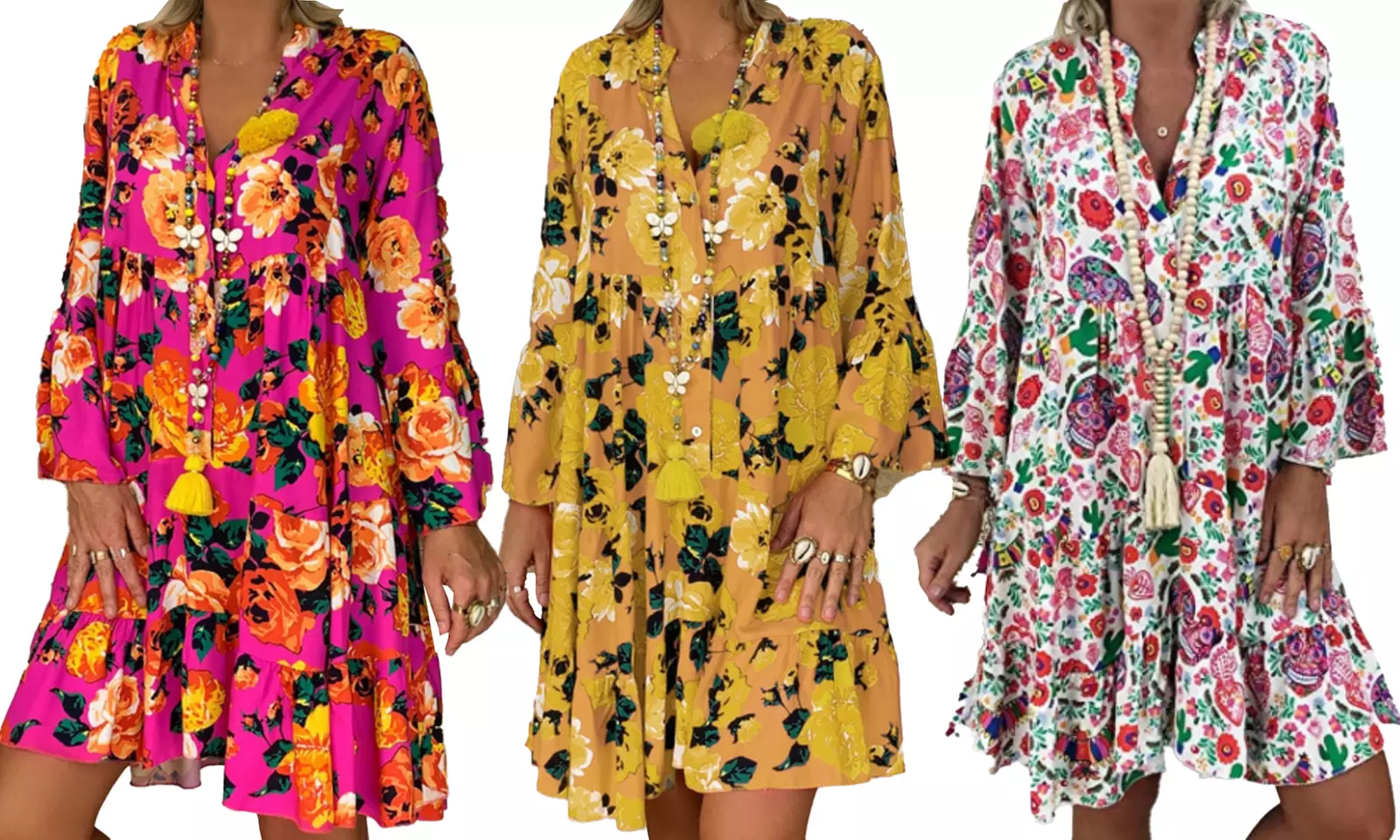 Robe à manches longues et col V, style bohème - Primary Image