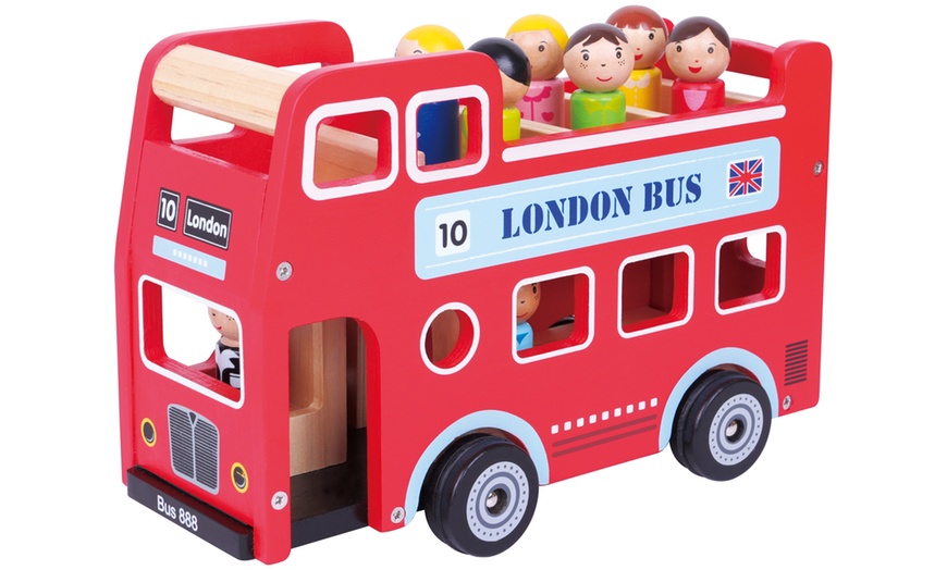 Image 1: Wooden Double Decker London Bus Toy with Figurines