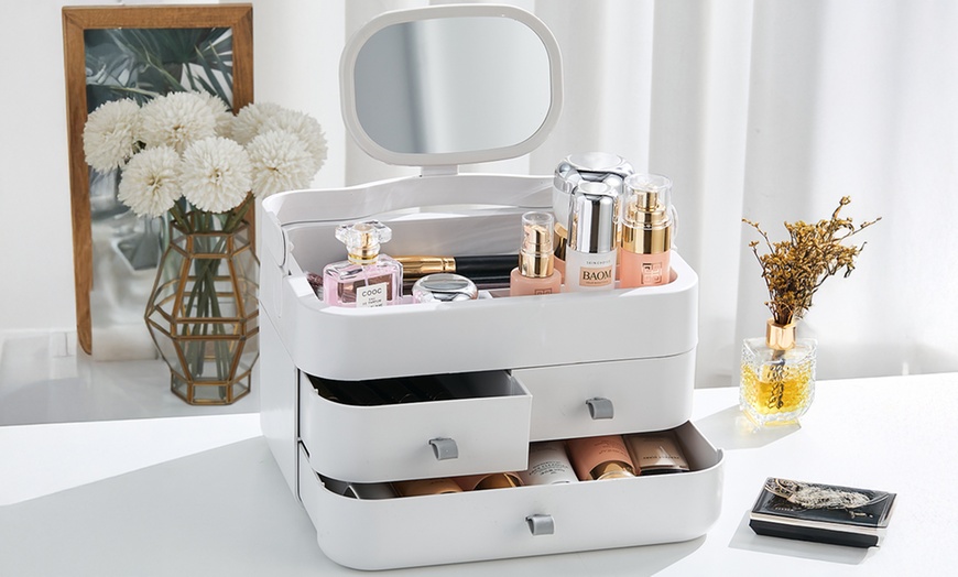 Image 1: Large Vanity Makeup Organizer with Mirror Drawers