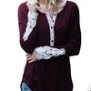 Image 4: Women's Crochet Lace Detail Sleeve Henley Shirt. Plus Sizes Available.