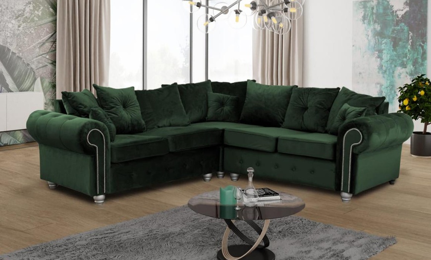 Image 4: Modern Comfortable Ashwin Plush Velvet Corner Sofa with Back Cushions