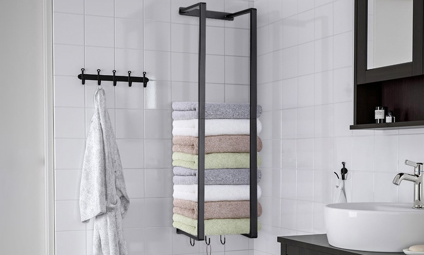 Image 3: Modern Style Carbon Steel Wall Towel Rack with Hooks