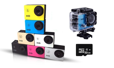 1 o 2 Action Cam HD con accessori disponibile in vari colori con scheda Micro SD da 32 Gb opzionale
