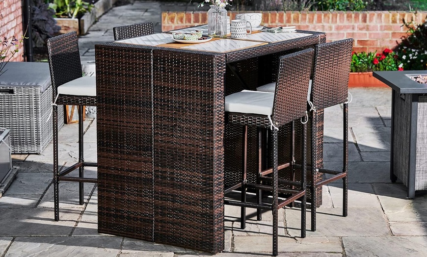 Image 1: Rattan-Effect Five-Piece Bar Height Dining Set with Wooden Tabletop