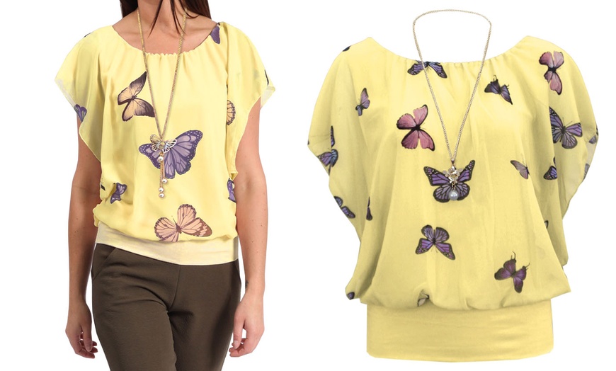 Image 7: Women's Coloured Butterfly Print Ruffle Chiffon Top with Necklace