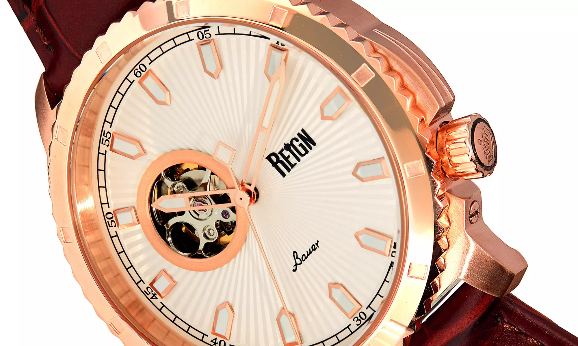 Reign Bauer Automatic Semi-Skeleton-Uhr mit Leder-Armband