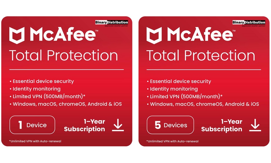 OneYear McAfee Total Protection 2024 for One or Five Devices Groupon