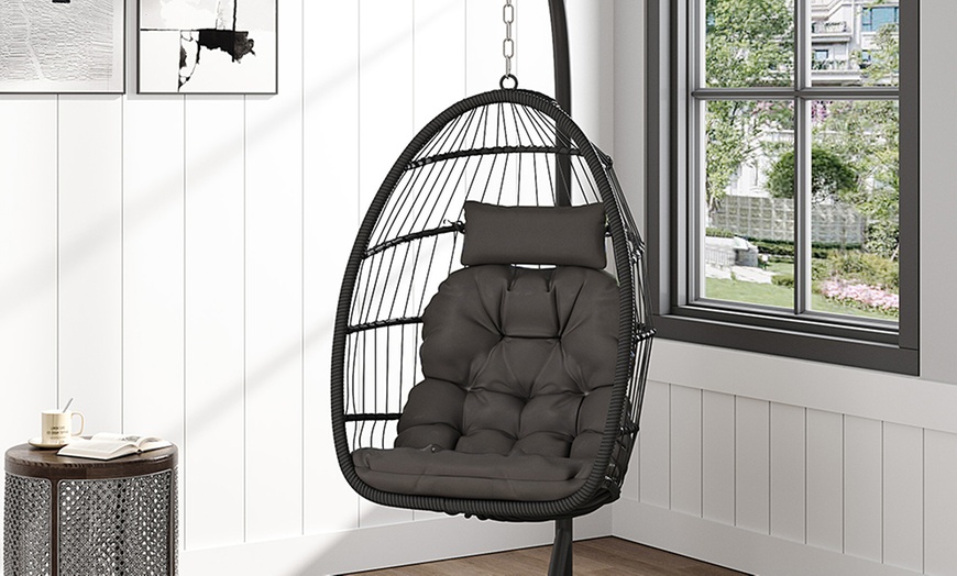 Image 32: Black Outdoor Hanging Egg Chair with Cushion