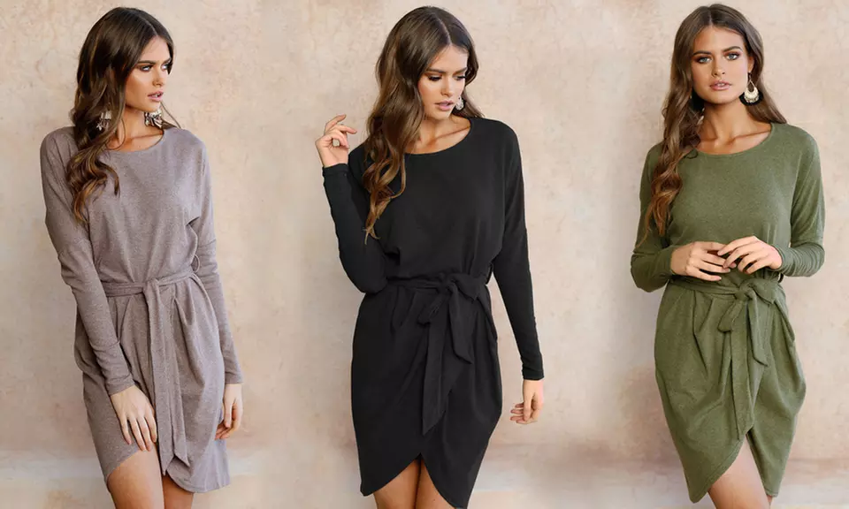 Lässiges Kleid mit Bindeband, langen Ärmeln und Rundhalsausschnitt in der Farbe und Größe nach Wahl - Primary Image