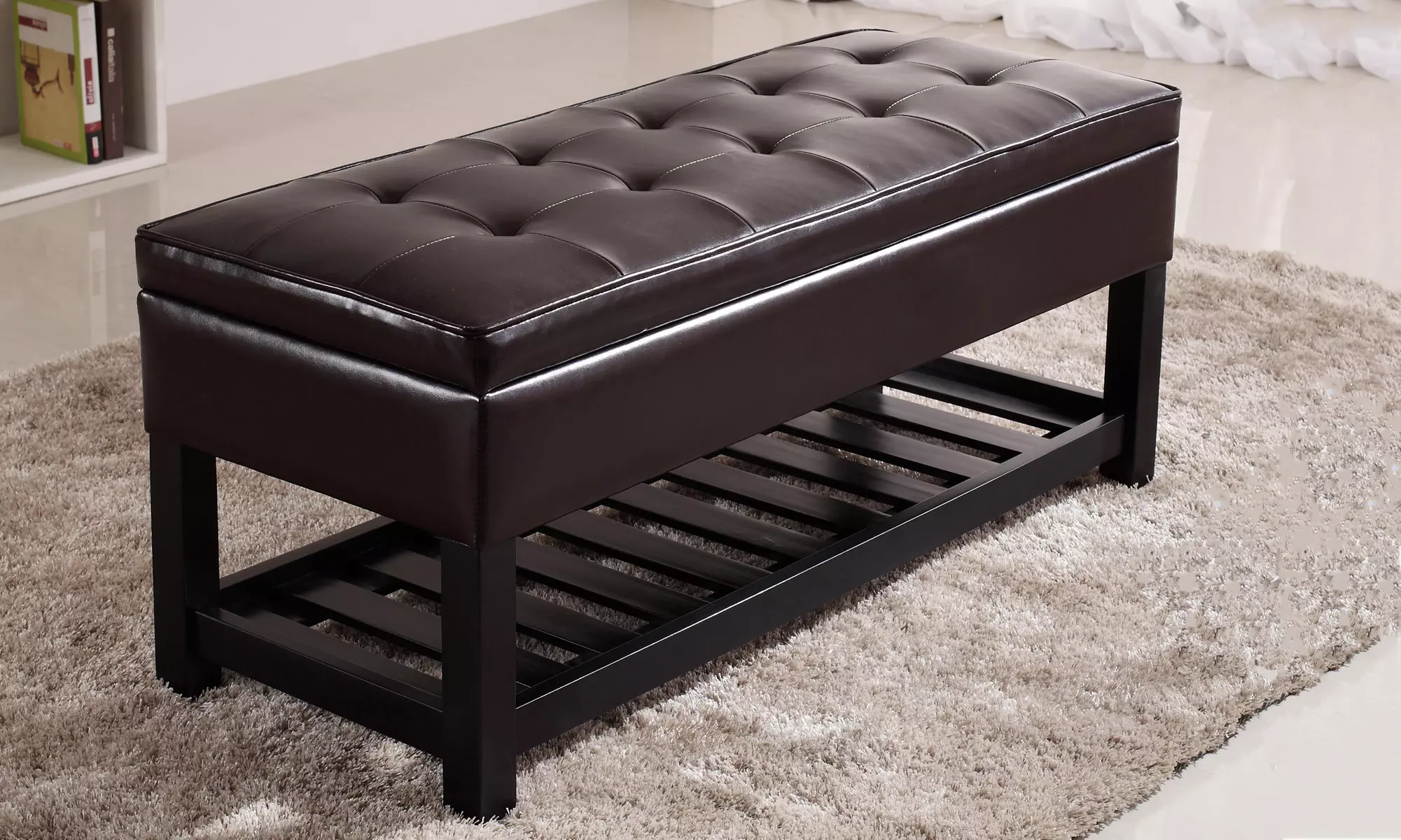 Rectangular Storage Bench with Open-Slat Bottom Shelf - Primary Image