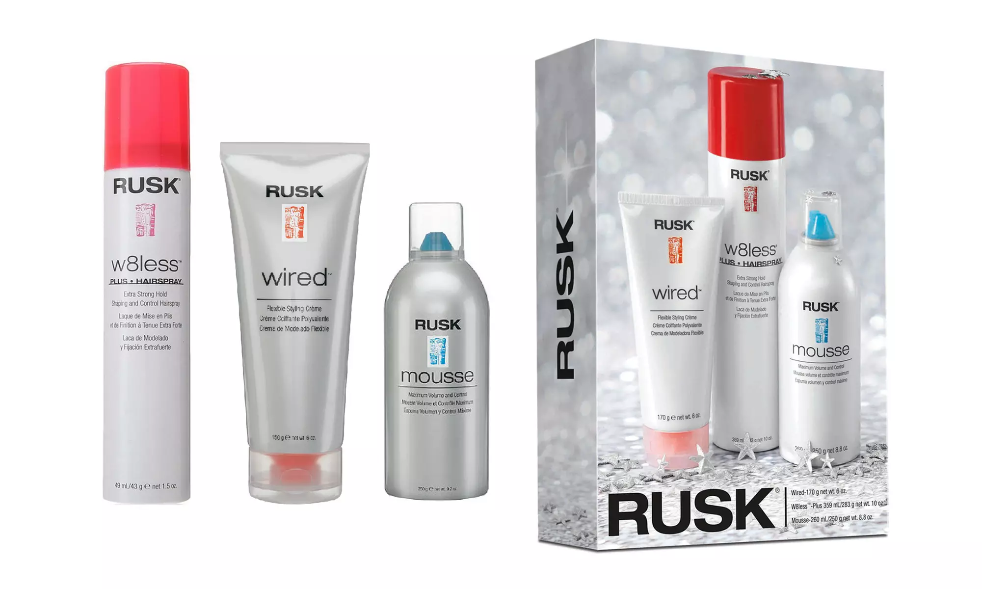 Rusk Hairstyling Kit with Mousse, Wired Styling Cream, and W8less Hairspray - Primary Image