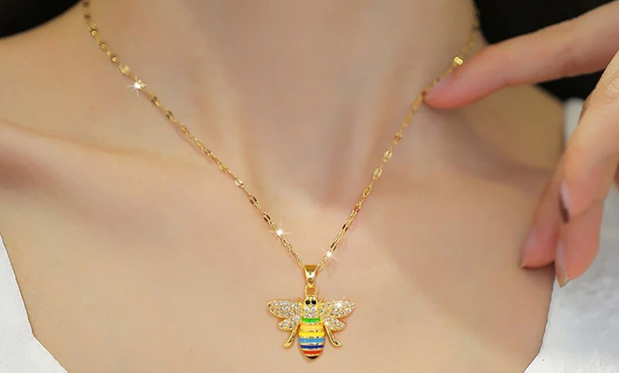 Image 3: Gold Multi-Coloured Crystals and Bee Pendant Necklace