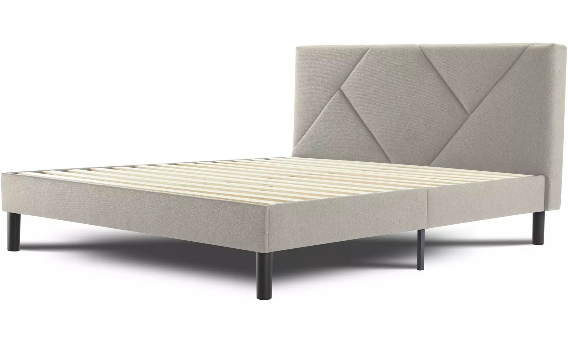 Letto imbottito in tessuto con doghe in legno e vano contenitore