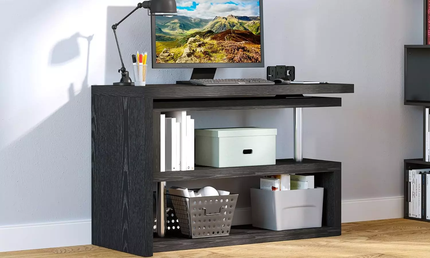 Homcom L-Shaped Desk with 360° Rotating Storage Shelves