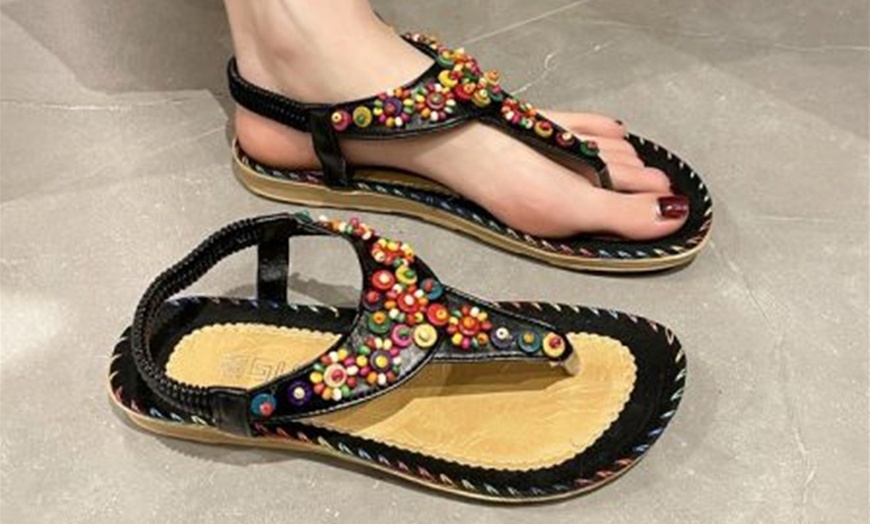 Image 6: Boho Beaded Toe Post Flip Flop Sandals