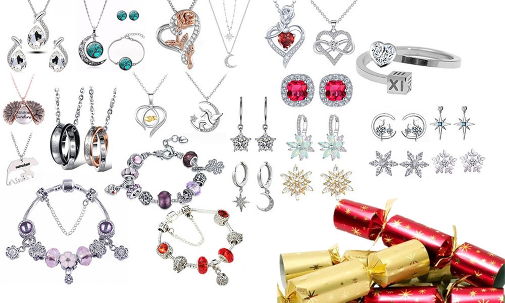 Set van 6 kerstcrackers met sieraden met premium Aurelis kristal