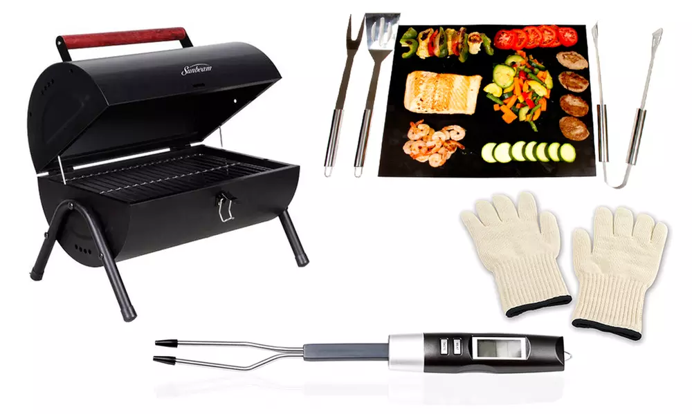 Barrel-Shaped BBQ Grill with Thermometer, Utensils, Grill Mats, and Gloves (8-Piece Set) - Primary Image