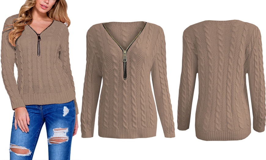 Image 11: Women's Zip Front Cable Knit Jumper