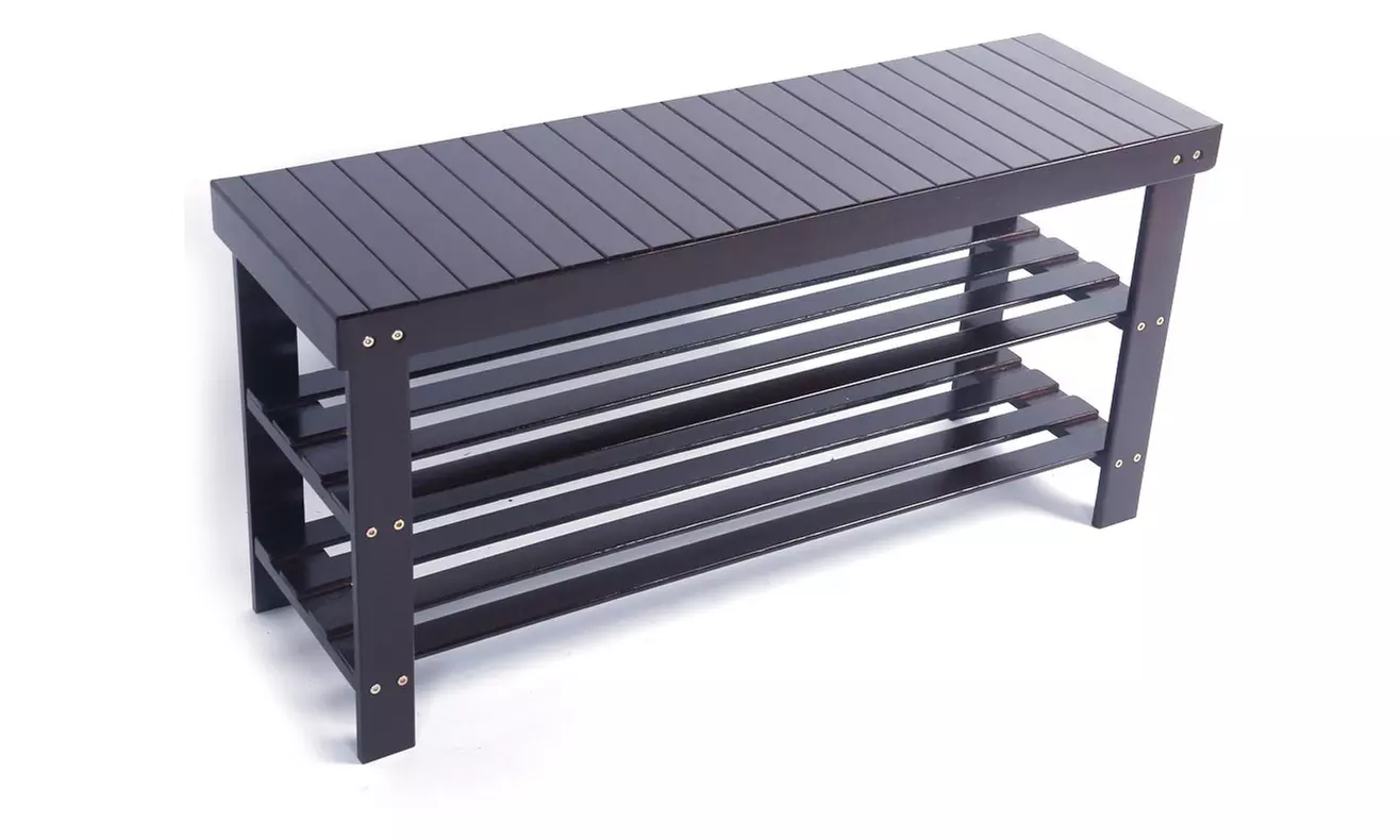 35" Strip Pattern 3 Tiers Bamboo Stool Shoe Rack Coffee