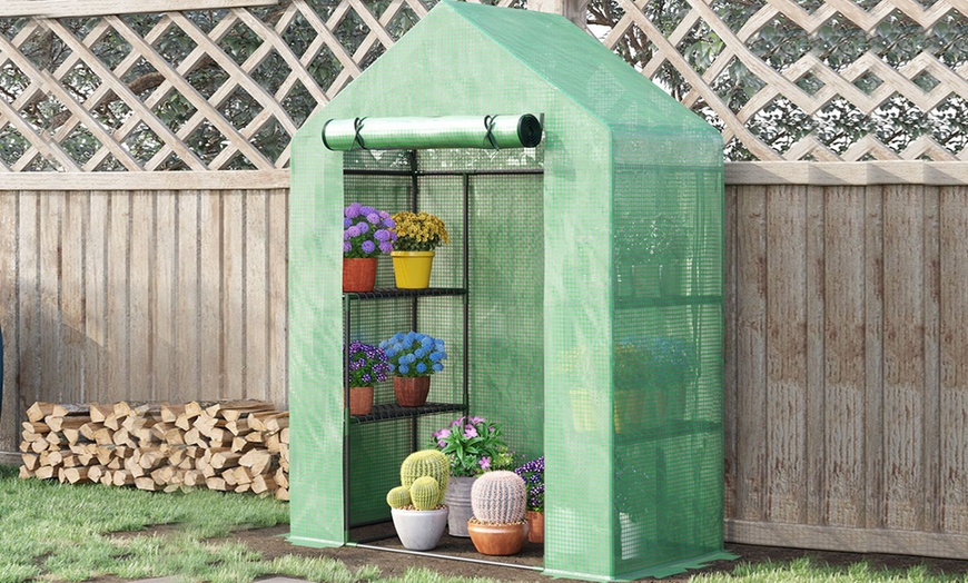 Image 6: Outsunny Walk In Greenhouse with Shelves, PE cover and roll up door 