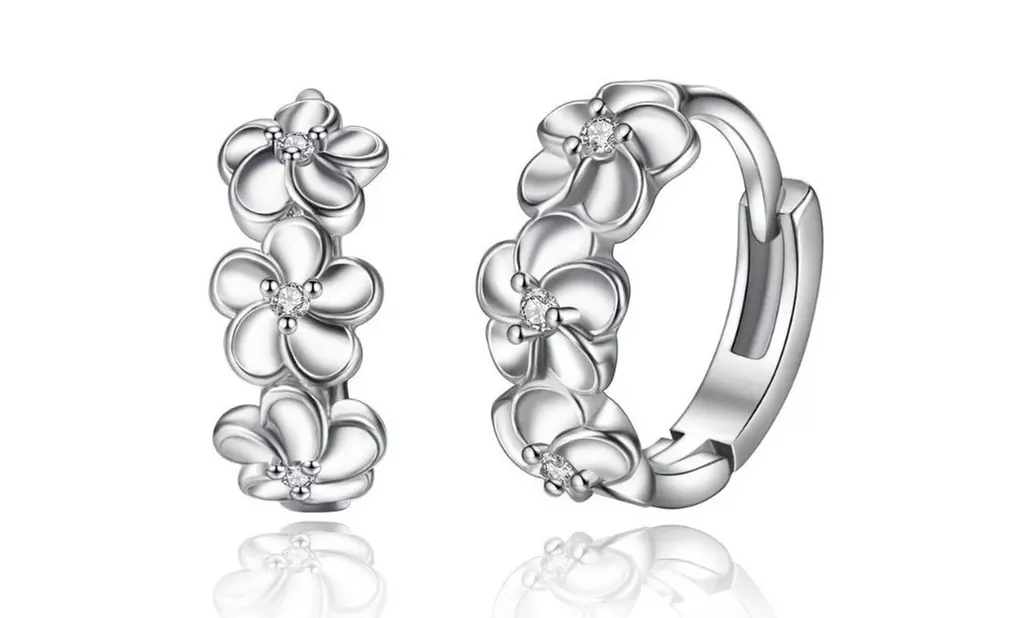 Crystal Flower Huggie Hoop Earrings Made with Swarovski Elements - Primary Image