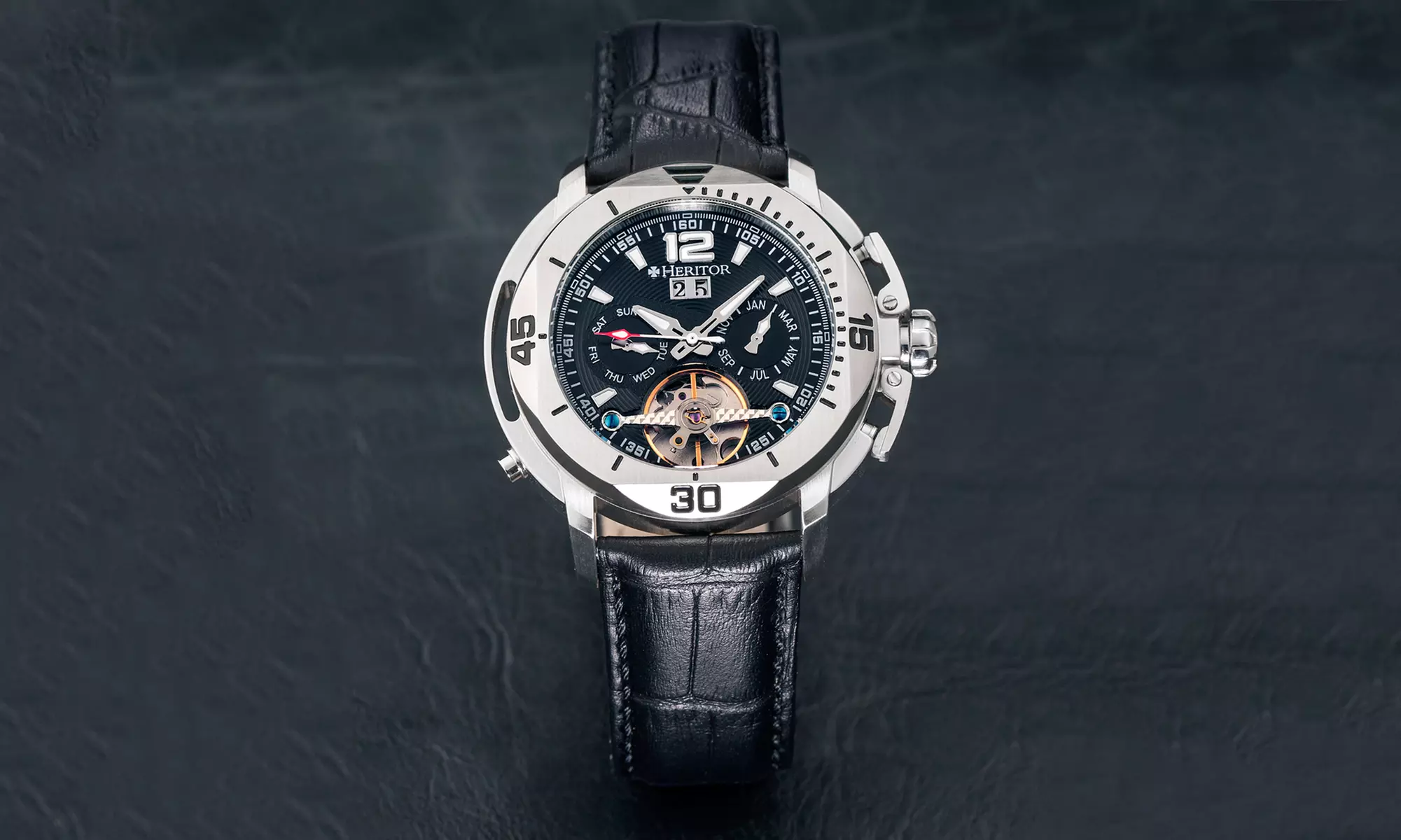 Heritor Lennon Men's Semi-Skeleton Automatic Multifunction Watch with Crocodile-Embossed Leather Strap - Primary Image