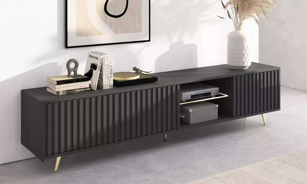 TV-Schrank Bello mit LED-Beleuchtung und Lamellenfronten in Schwarz oder Weiß - Primary Image