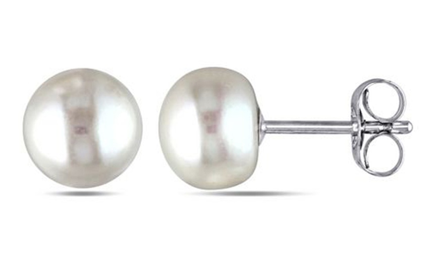Image 1: White Gold Plated 8mm White Freshwater Cultured Round Pearl Stud Earrings