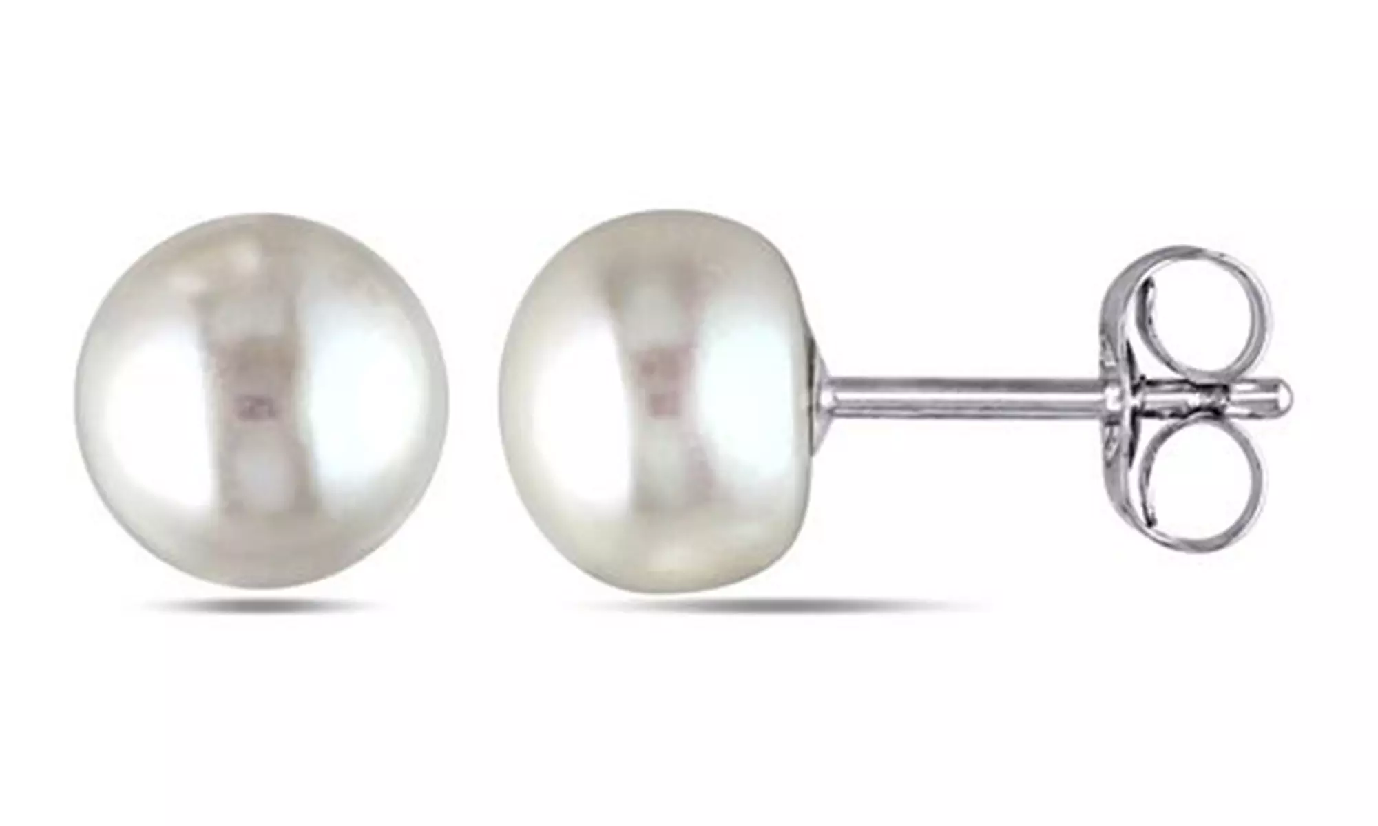 White Gold Plated 8mm White Freshwater Cultured Round Pearl Stud Earrings - Primary Image