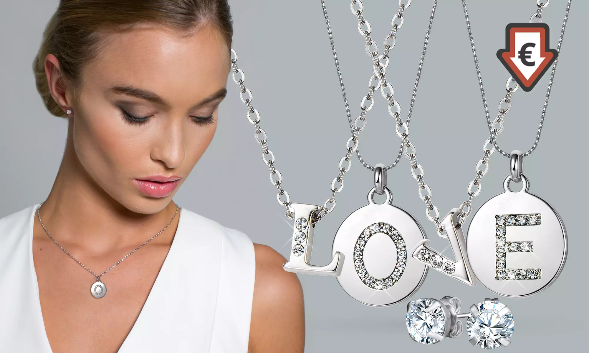 Halskette mit Buchstaben-Anhänger oder mit Medaillon mit Kristallen von Swarovski® verziert inkl. 1 Paar Ohrringe - Primary Image