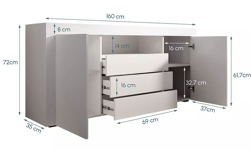 Credenza Yanis con 3 cassetti e 2 ante