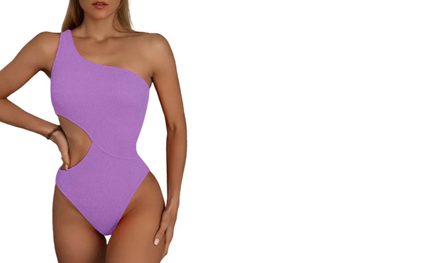 Image 4: One-Shoulder Cut-Out One-Piece Swimsuit