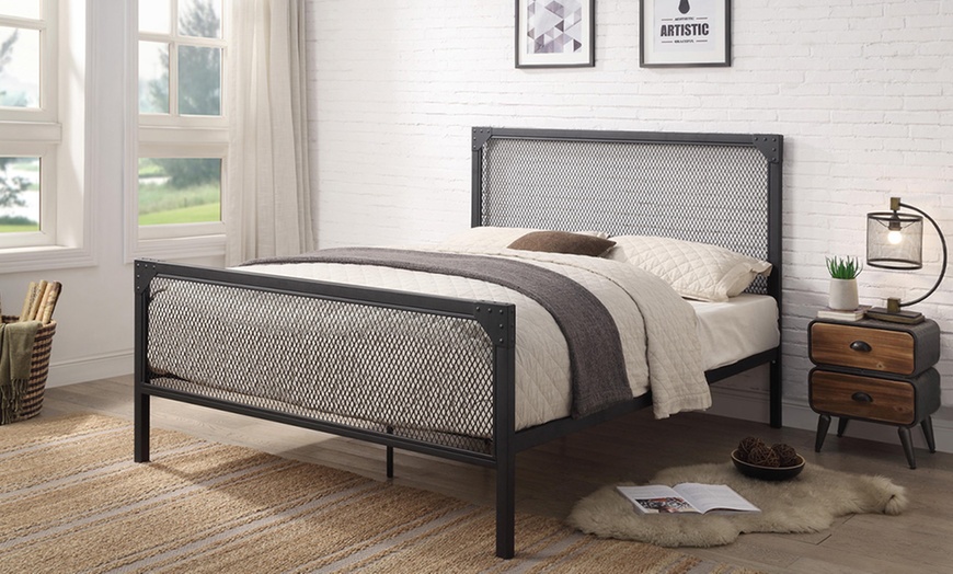 Image 1: Black Industrial-Style Bed Frame