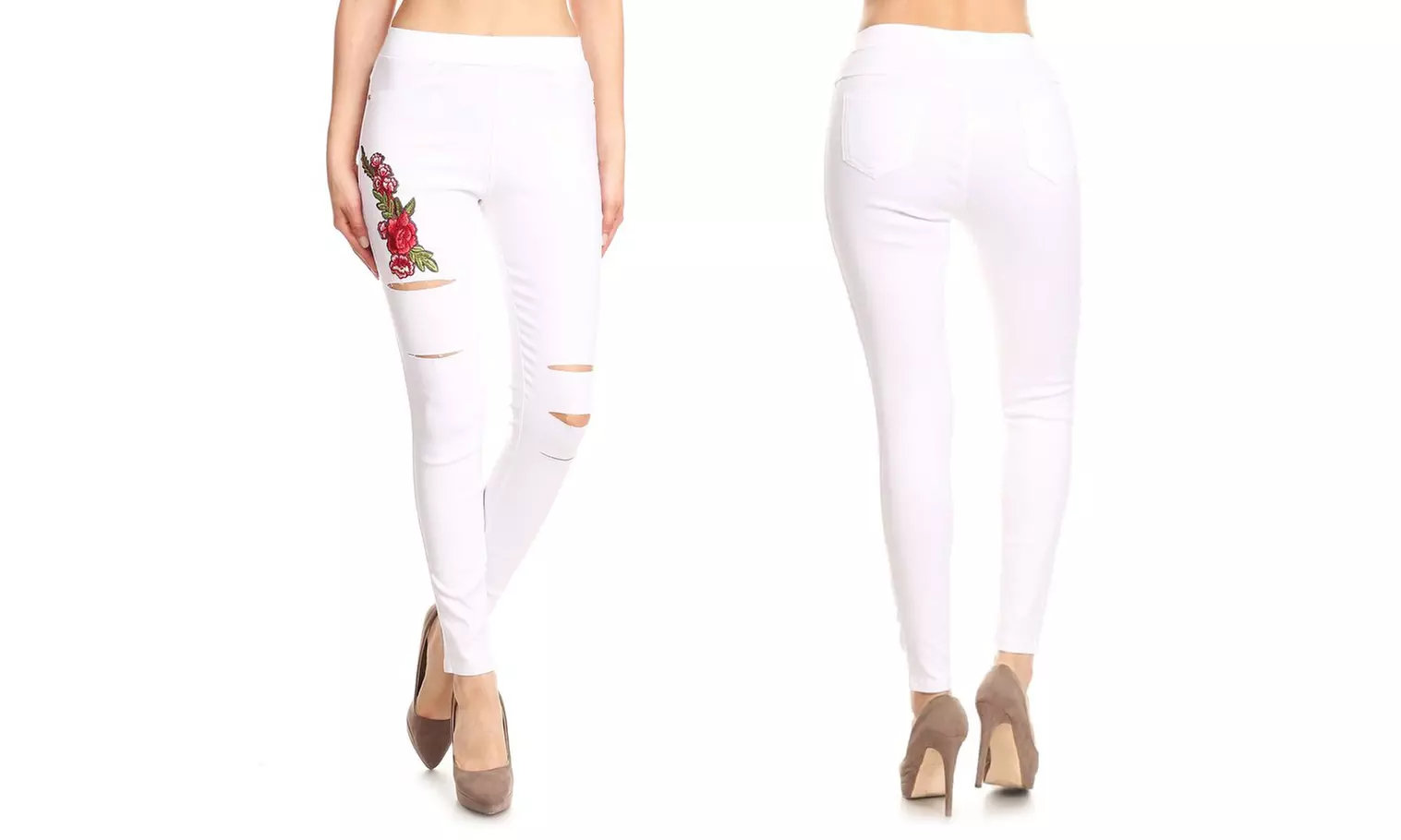 JVINI Women's High-Waist Pull-On Ripped Embroidered Jeggings - Second Medium