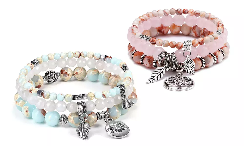 1x oder 2x 3er-Set Schmuckstein-Armbänder mit Blatt-Anhängern in Rosa oder Türkis - Primary Image