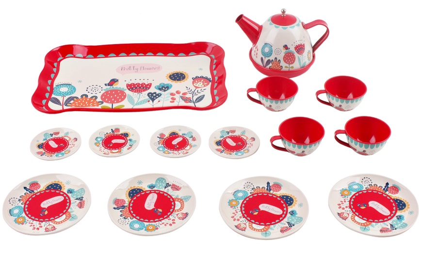 Image 9: 14-Piece Die-Cast Pretend Role Play Tea Set with Portable Carry Case