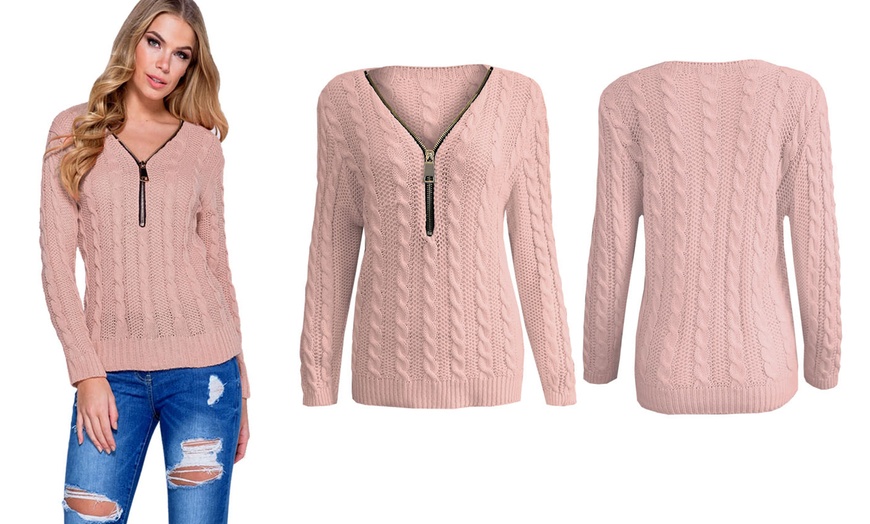 Image 9: Women's V-Neck Zip Front Cable Knit Jumper