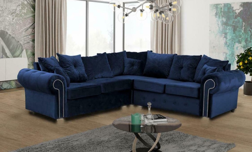 Image 3: Modern Comfortable Ashwin Plush Velvet Corner Sofa with Back Cushions