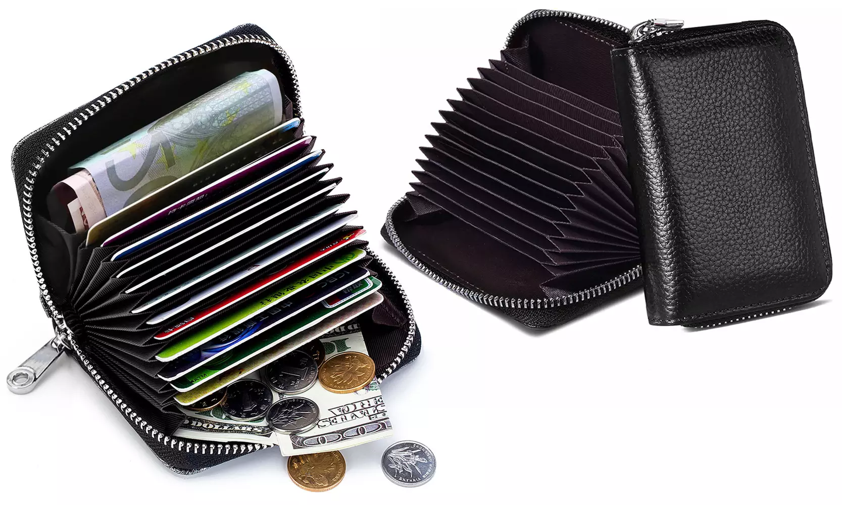 1 of 2 zwartkleurige leren portemonnees met RFID-bescherming en ritssluiting - Primary Image