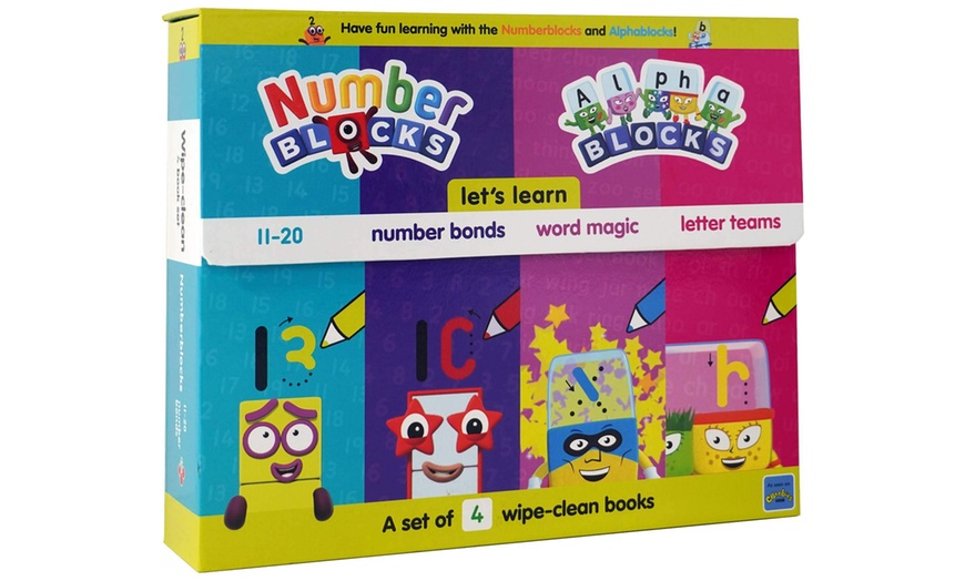 Image 1: Four Numberblocks and Alphablocks Wipe-Clean Books with Pens
