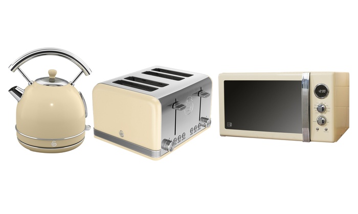 cream kettle toaster and microwave