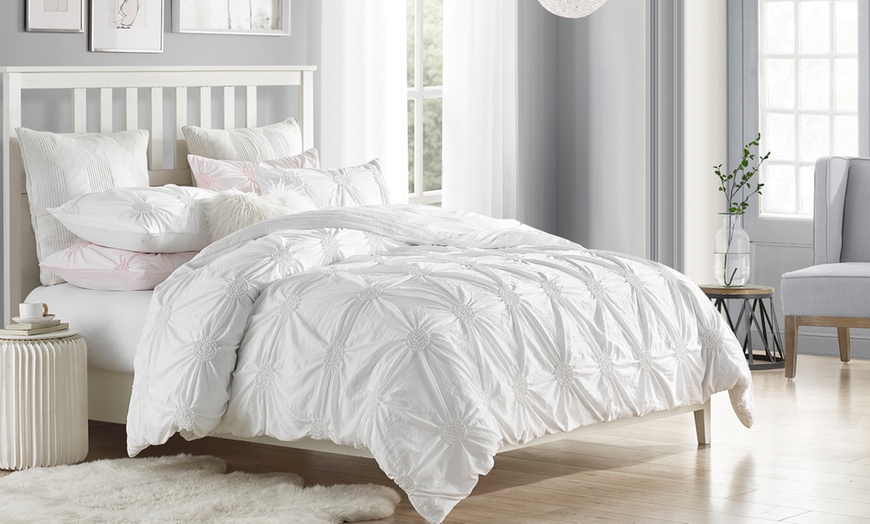 charming ruched pintuck rosette duvet cover set