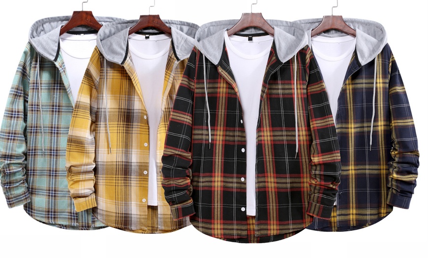 Image 1: Men's Hooded Check Shirt Jacket