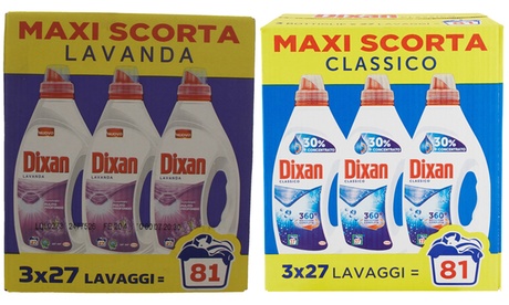 3 flaconi di detersivo per bucato Dixan, ciascuno da 27 lavaggi, disponibili in 2 tipologie