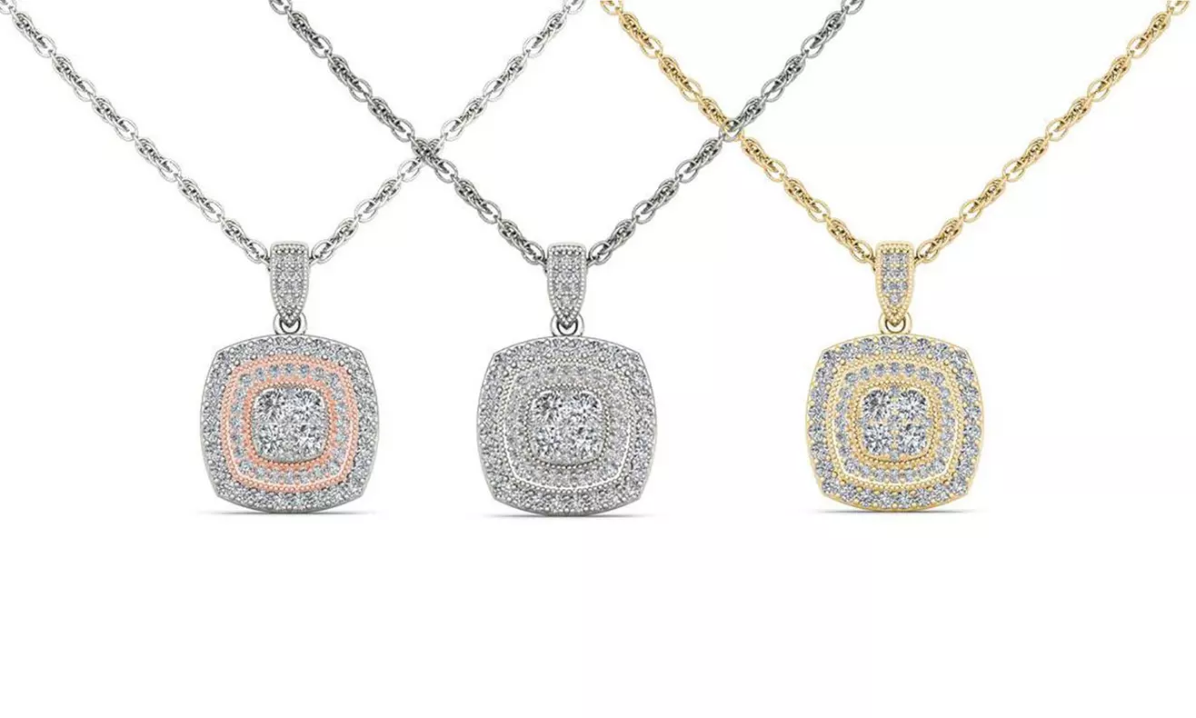 1/2 CTTW Diamond Cluster Double Halo Necklace in 14K Gold by De Couer - Primary Image